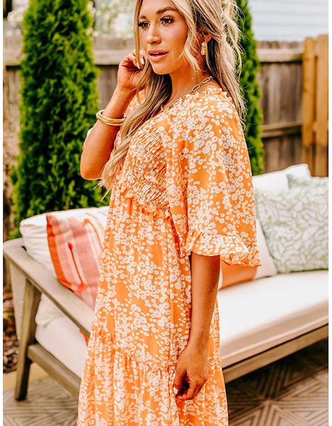 Orange Floral Print Smocked V Neck Wide Sleeve Maxi Dress