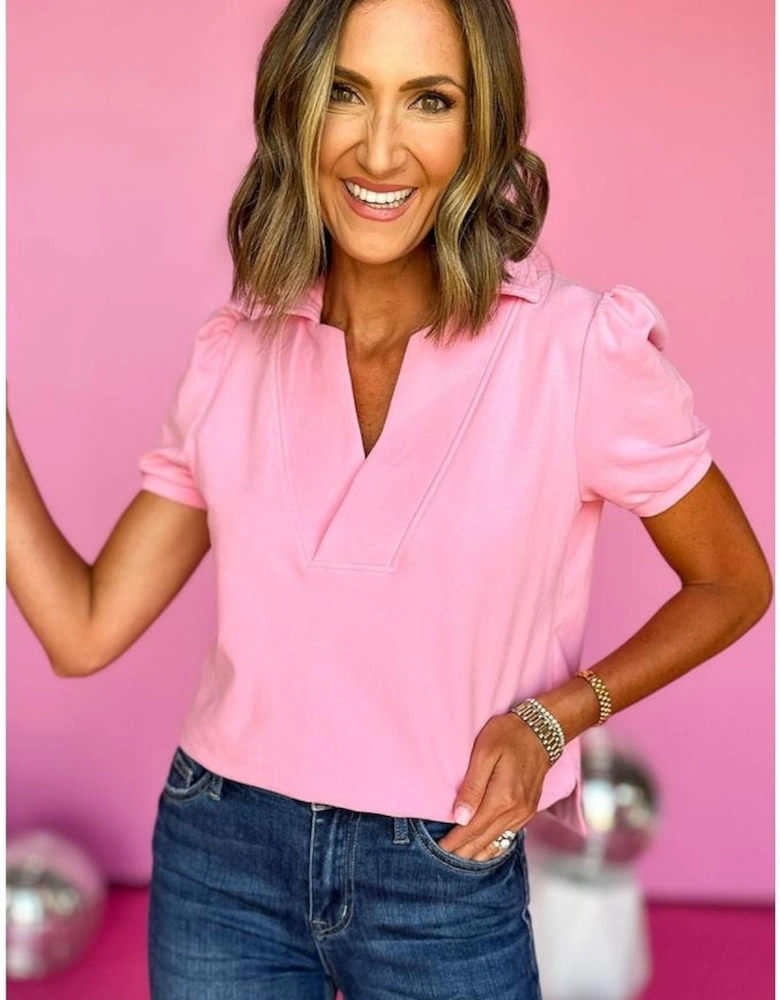 Pink Collared V Neck Puff Sleeve T-shirt