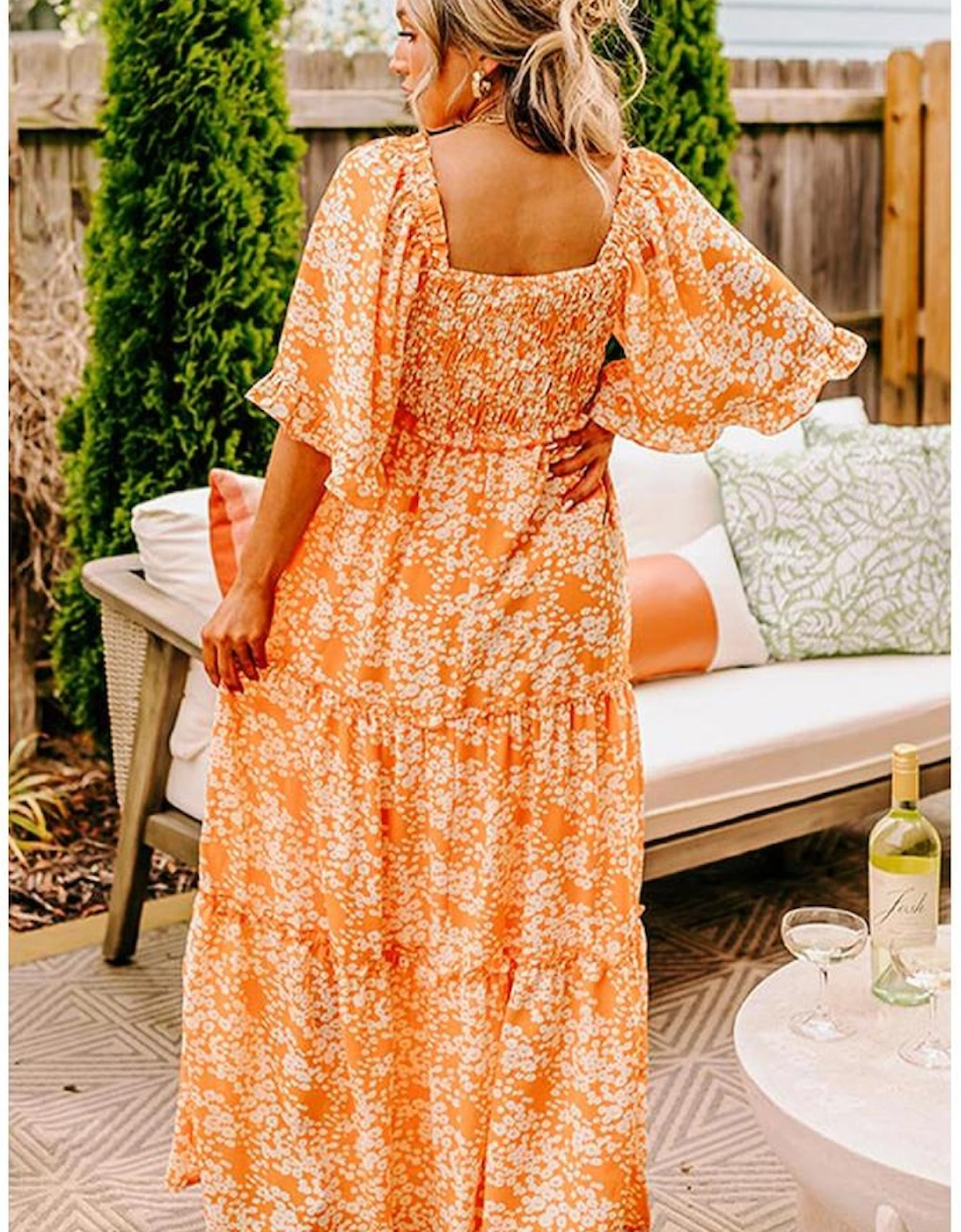 Orange Floral Print Smocked V Neck Wide Sleeve Maxi Dress