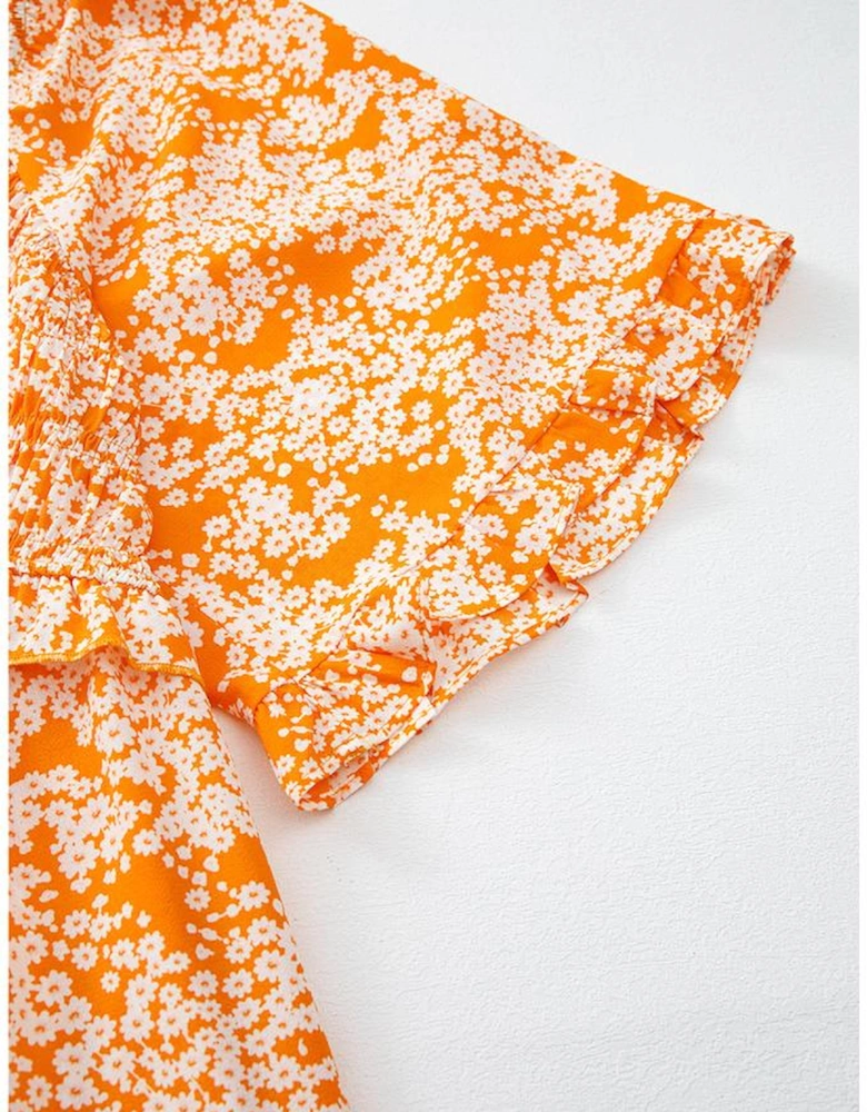 Orange Floral Print Smocked V Neck Wide Sleeve Maxi Dress