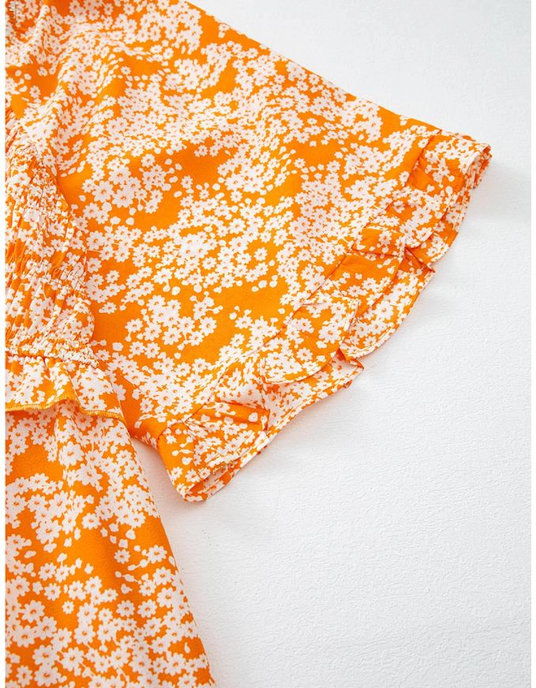 Orange Floral Print Smocked V Neck Wide Sleeve Maxi Dress