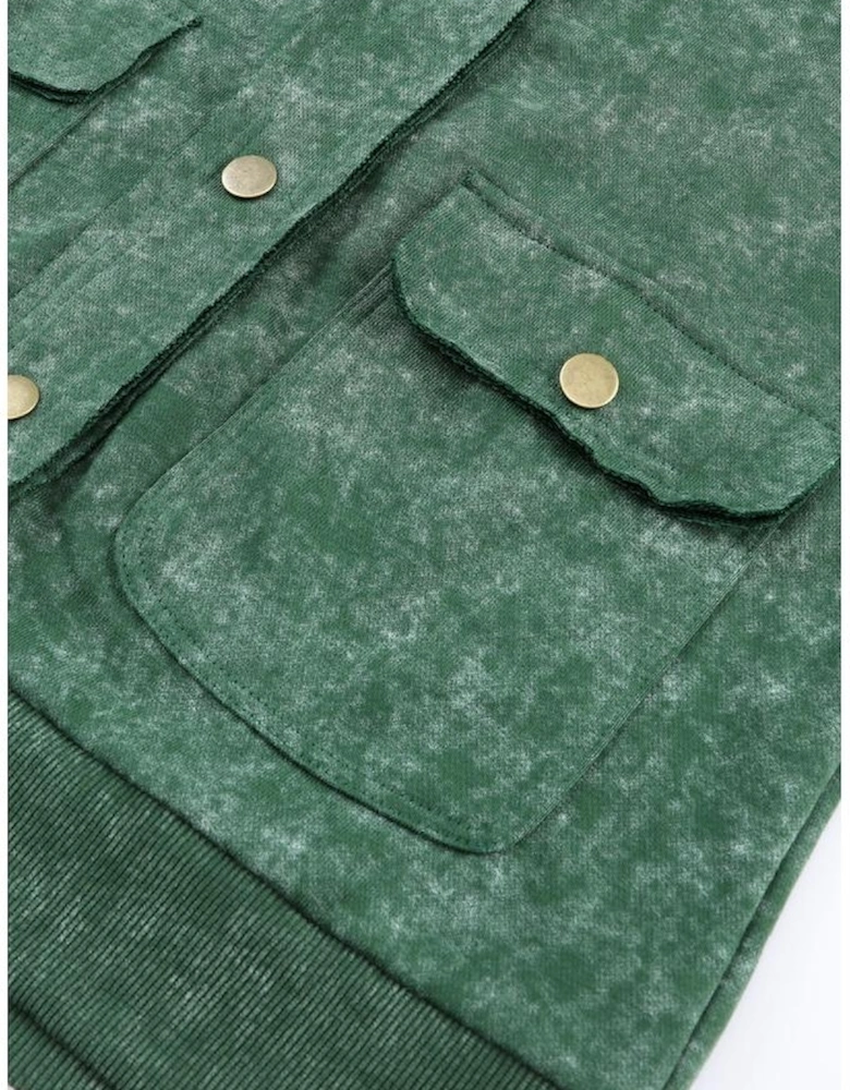 Green Vintage Washed Flap Pocket Button Shacket