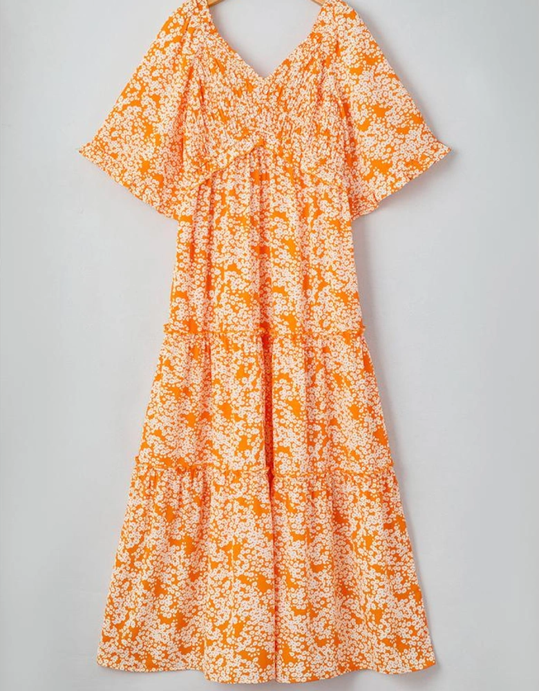 Orange Floral Print Smocked V Neck Wide Sleeve Maxi Dress
