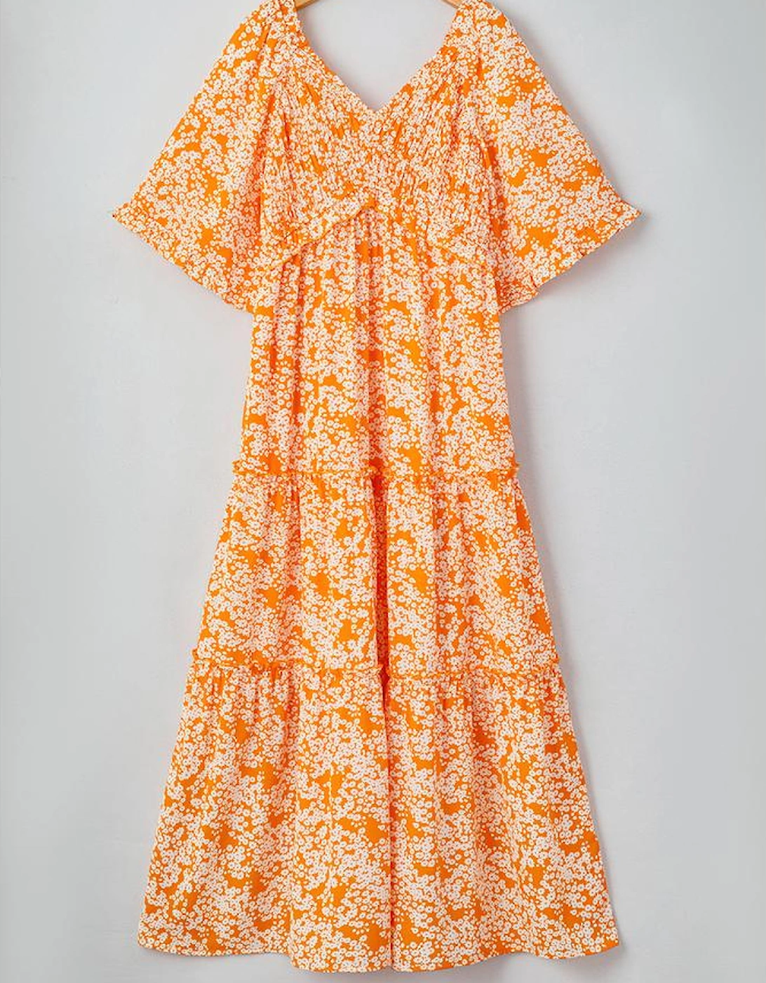 Orange Floral Print Smocked V Neck Wide Sleeve Maxi Dress
