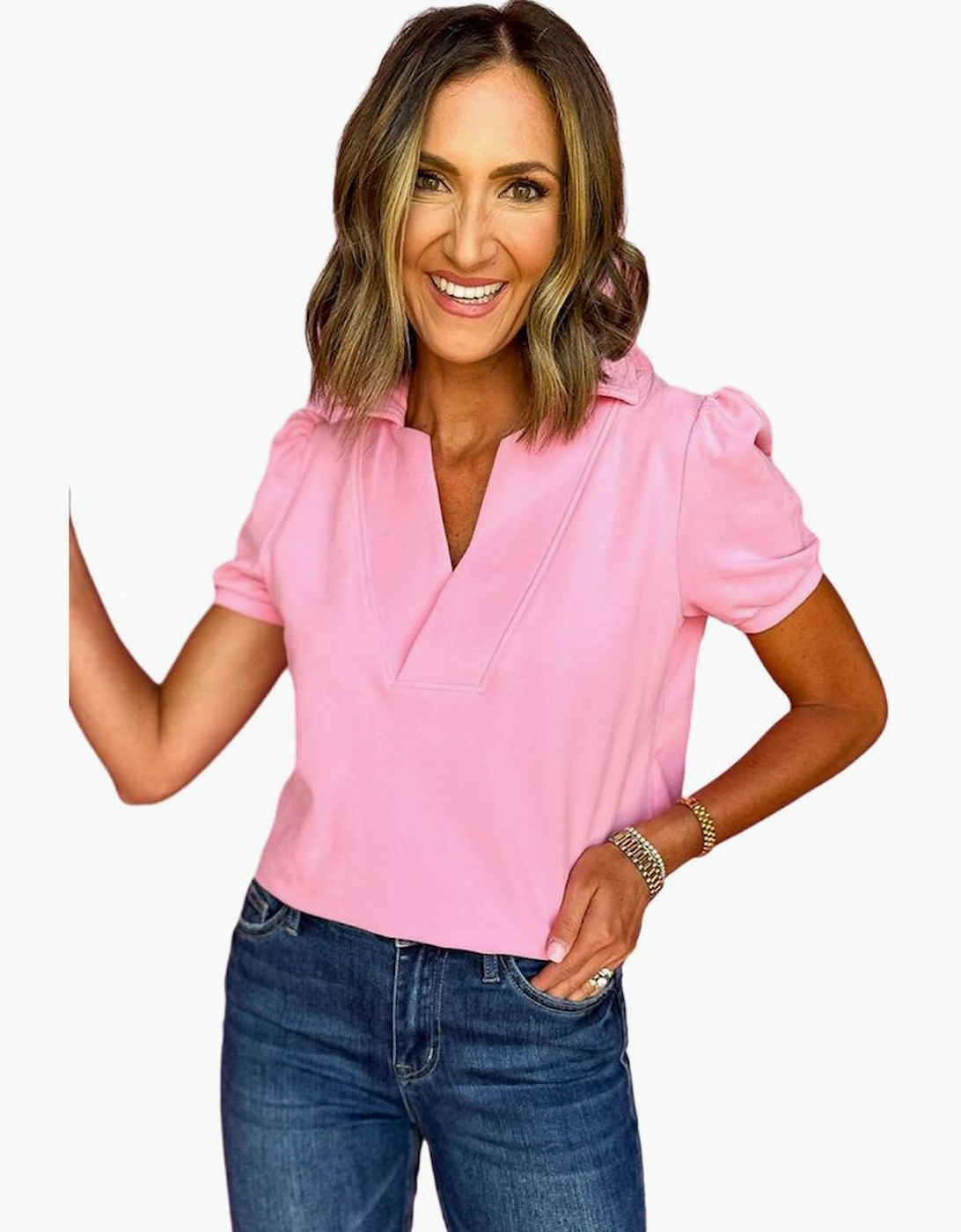 Pink Collared V Neck Puff Sleeve T-shirt, 7 of 6