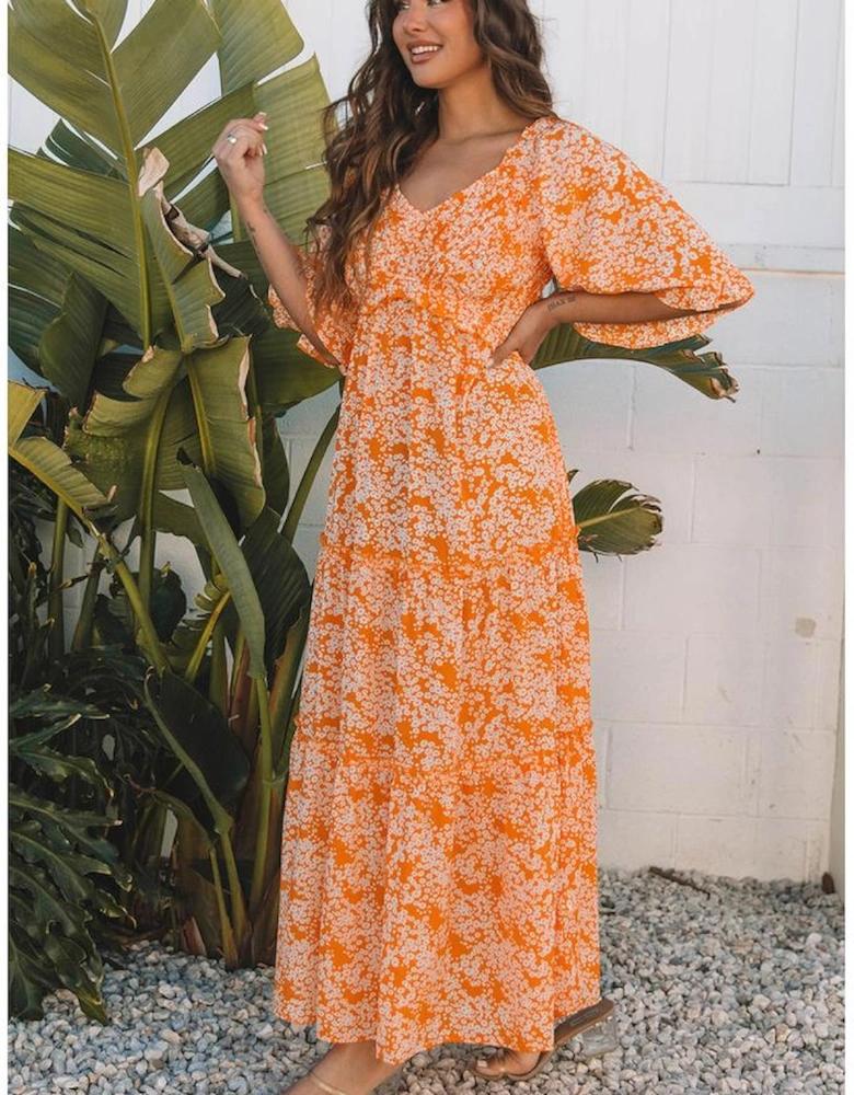 Orange Floral Print Smocked V Neck Wide Sleeve Maxi Dress
