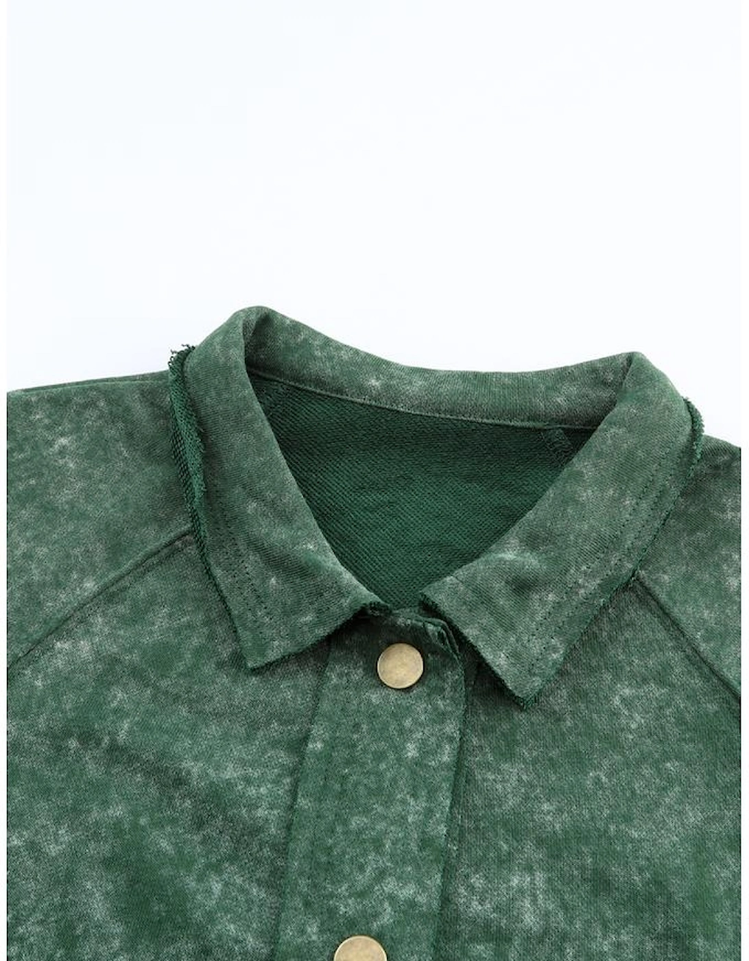 Green Vintage Washed Flap Pocket Button Shacket