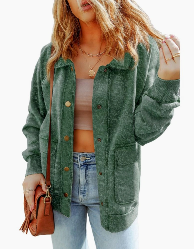 Green Vintage Washed Flap Pocket Button Shacket