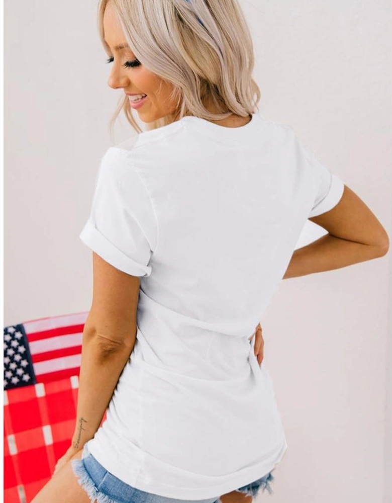 White USA Flag Bow Knot Patched Crew Neck T Shirt