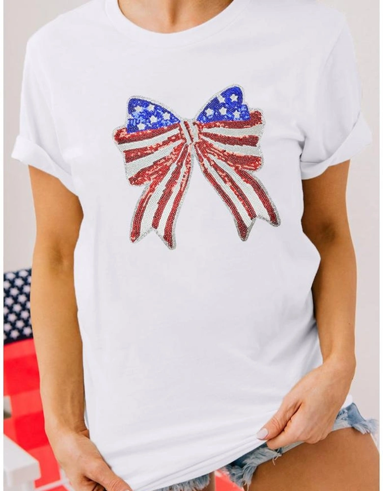 White USA Flag Bow Knot Patched Crew Neck T Shirt