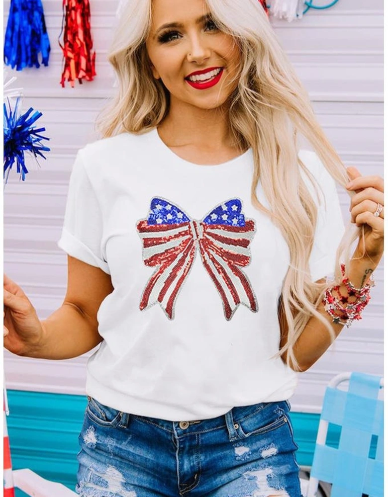 White USA Flag Bow Knot Patched Crew Neck T Shirt