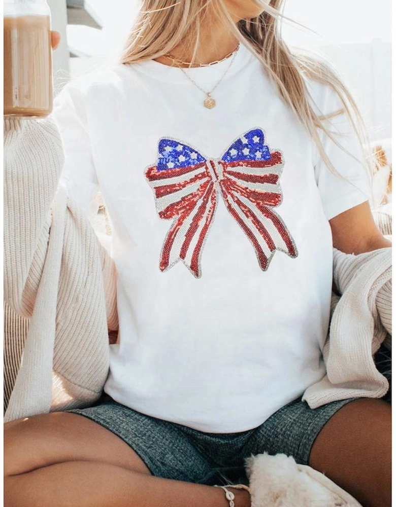 White USA Flag Bow Knot Patched Crew Neck T Shirt