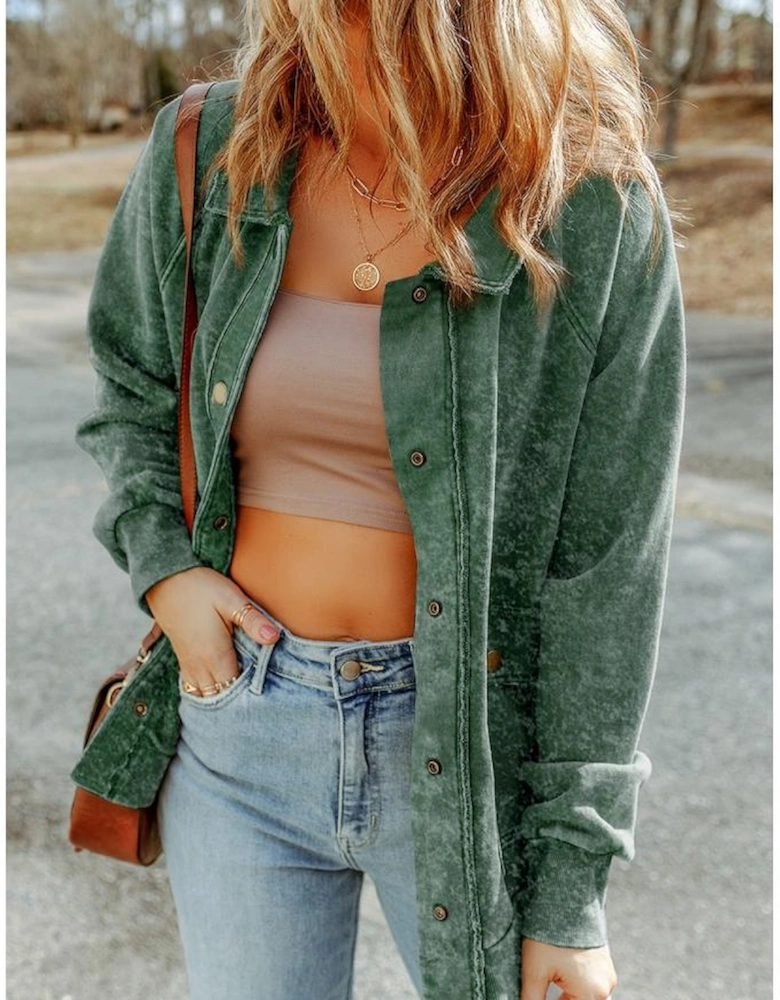 Green Vintage Washed Flap Pocket Button Shacket