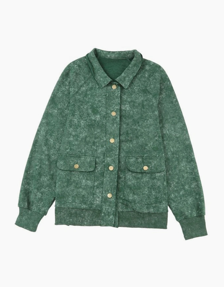 Green Vintage Washed Flap Pocket Button Shacket
