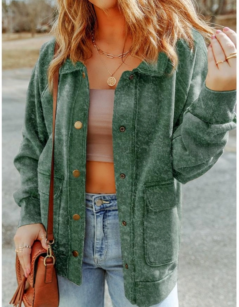 Green Vintage Washed Flap Pocket Button Shacket