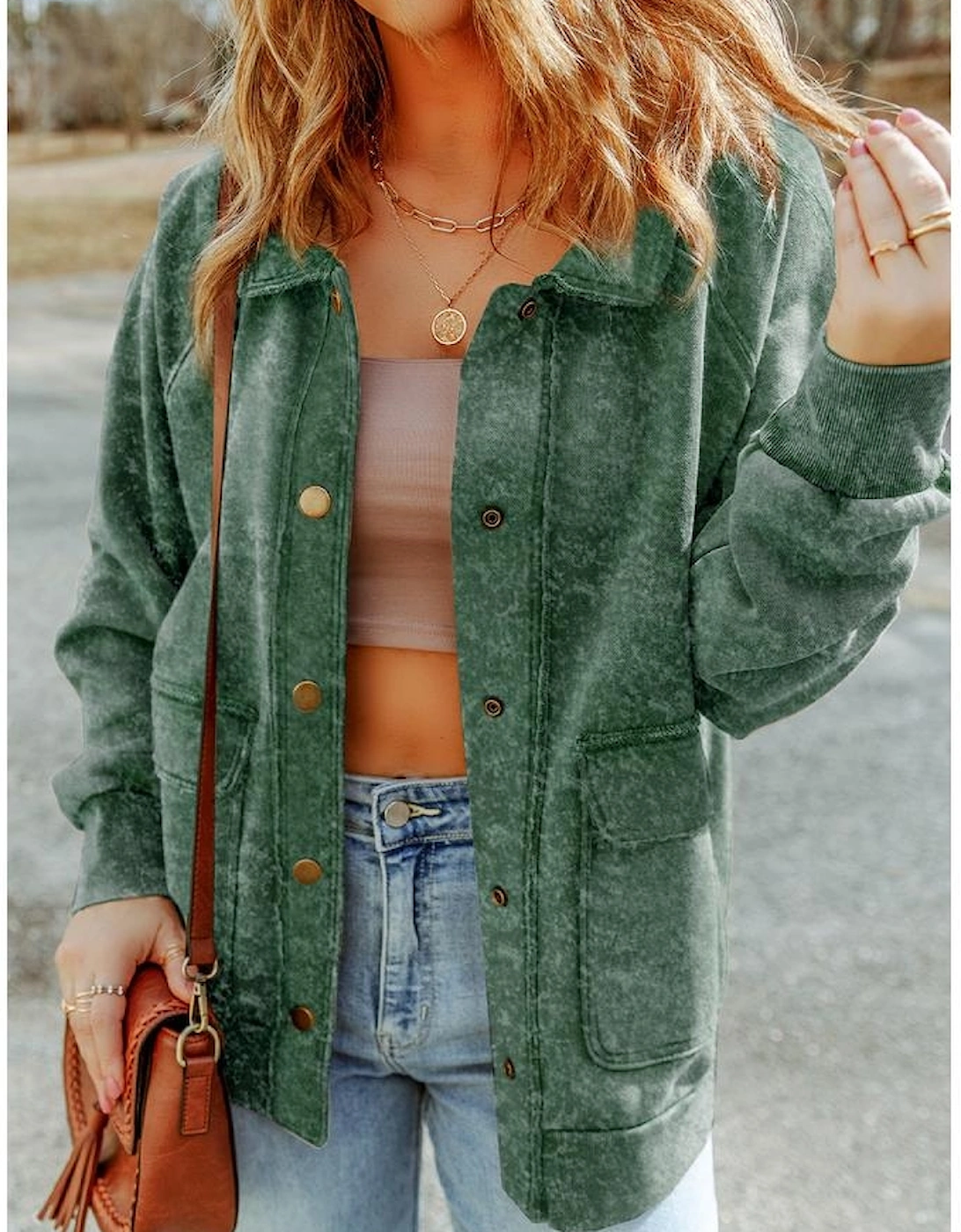 Green Vintage Washed Flap Pocket Button Shacket