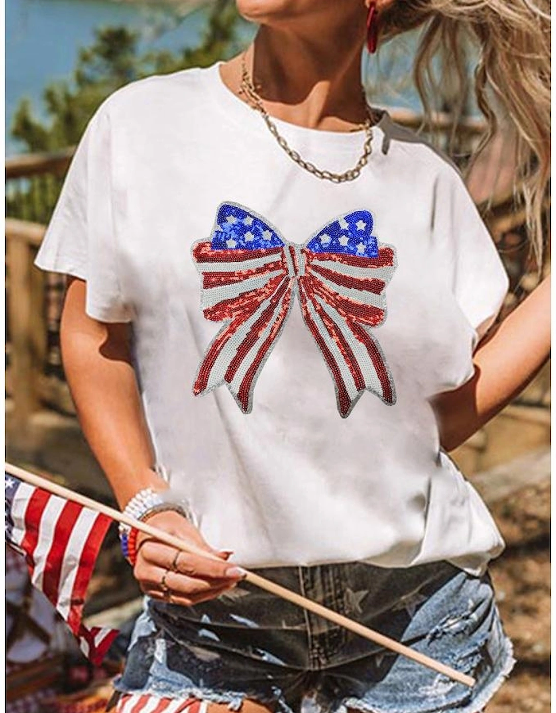 White USA Flag Bow Knot Patched Crew Neck T Shirt