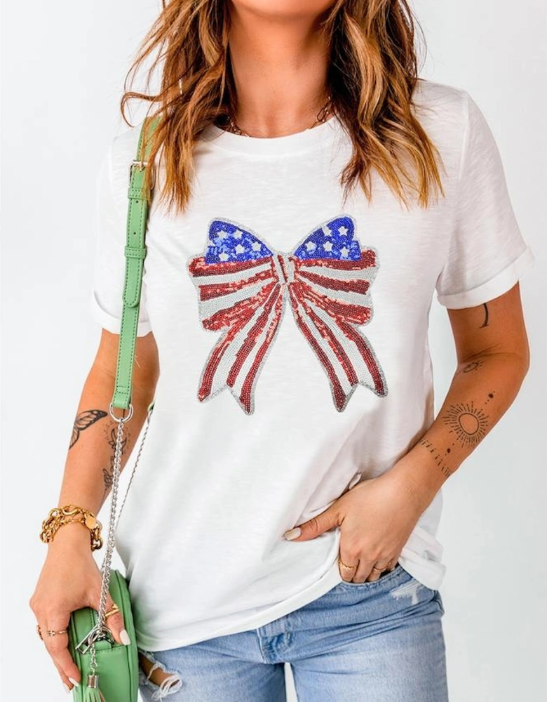 White USA Flag Bow Knot Patched Crew Neck T Shirt