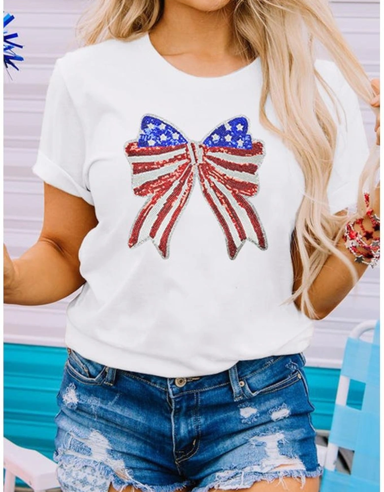 White USA Flag Bow Knot Patched Crew Neck T Shirt