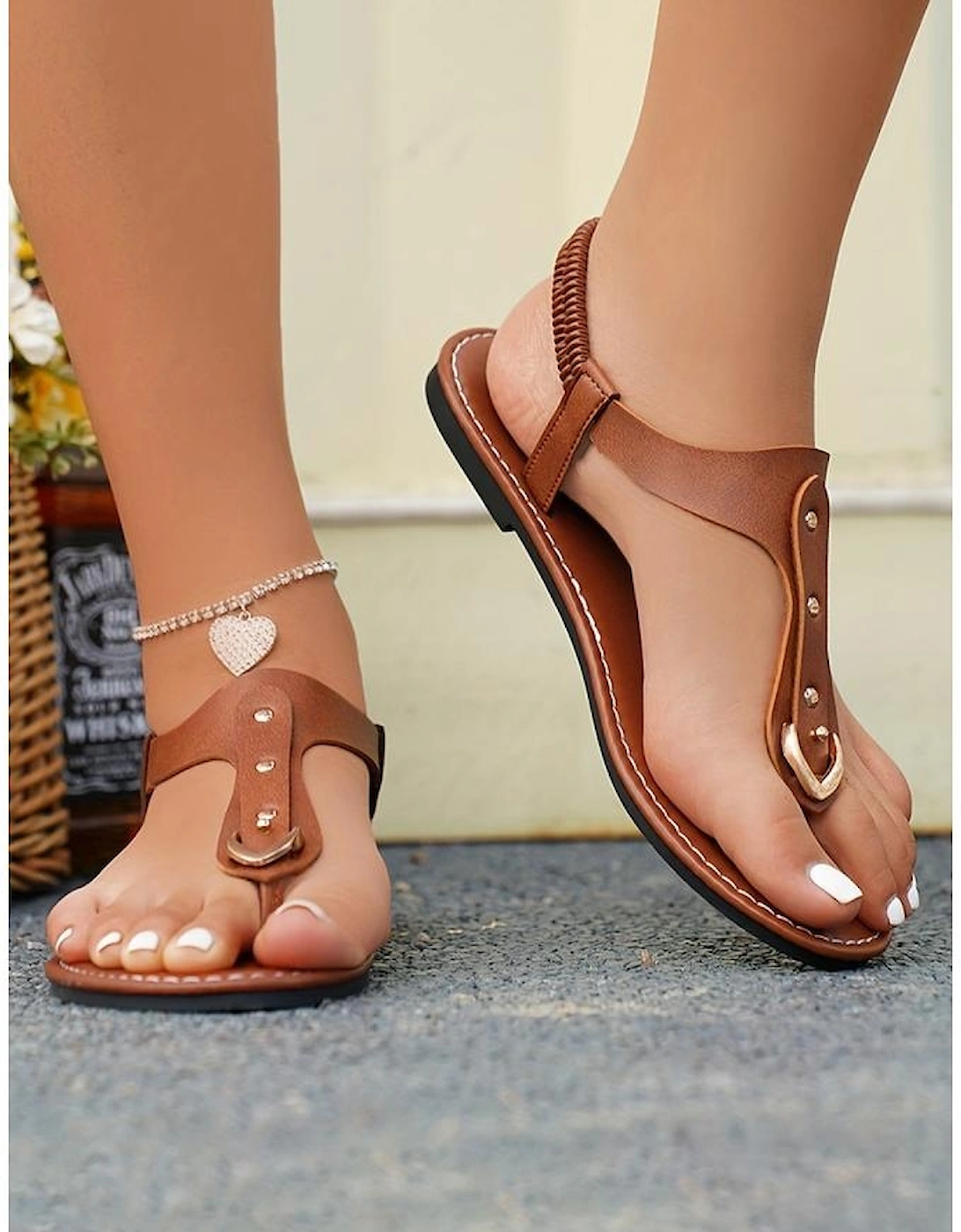 Chestnut Faux Leather Hollow Out Clip Toe Flat Sandals, 6 of 5