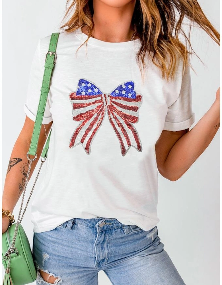 White USA Flag Bow Knot Patched Crew Neck T Shirt