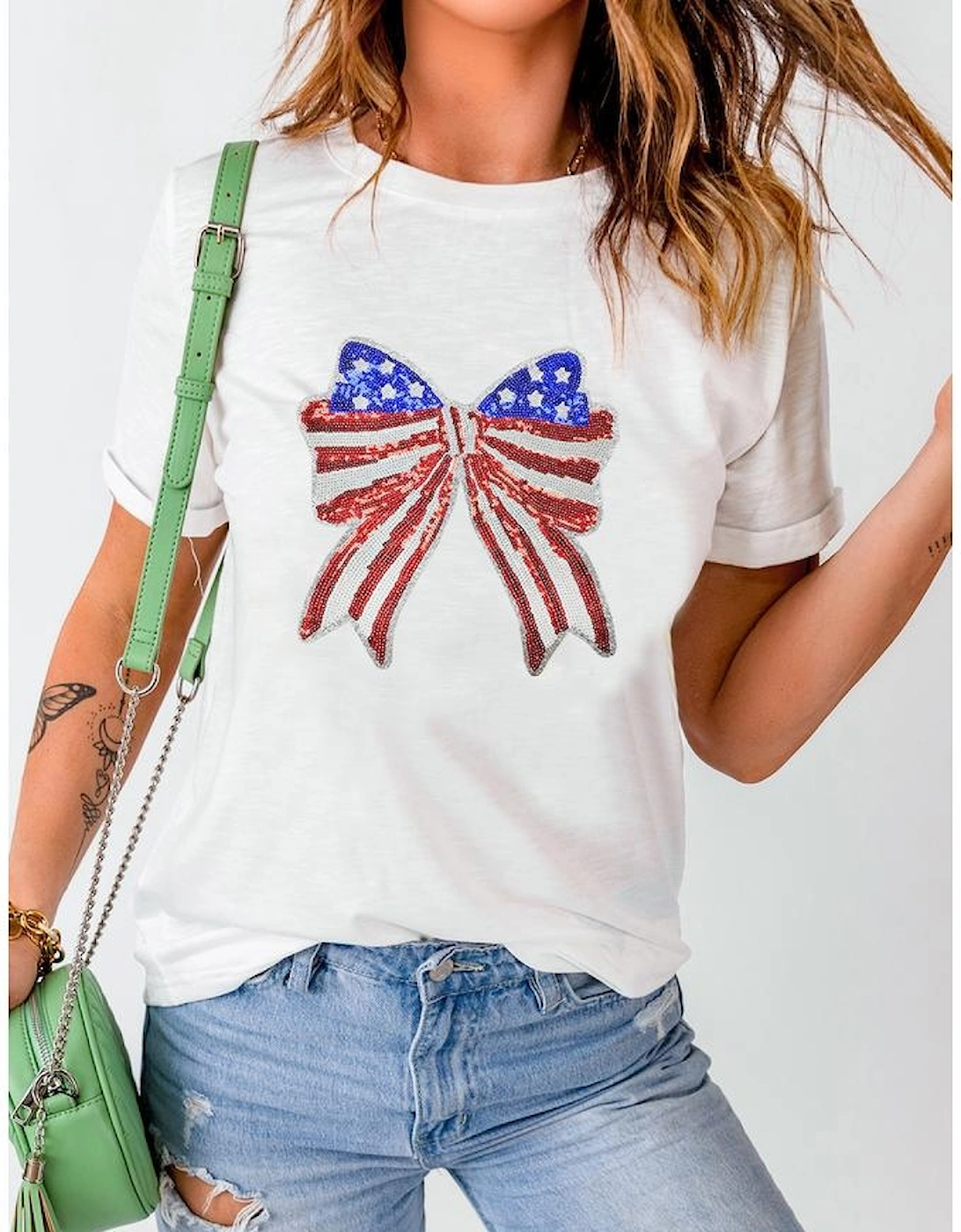 White USA Flag Bow Knot Patched Crew Neck T Shirt