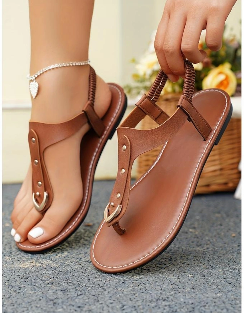 Chestnut Faux Leather Hollow Out Clip Toe Flat Sandals