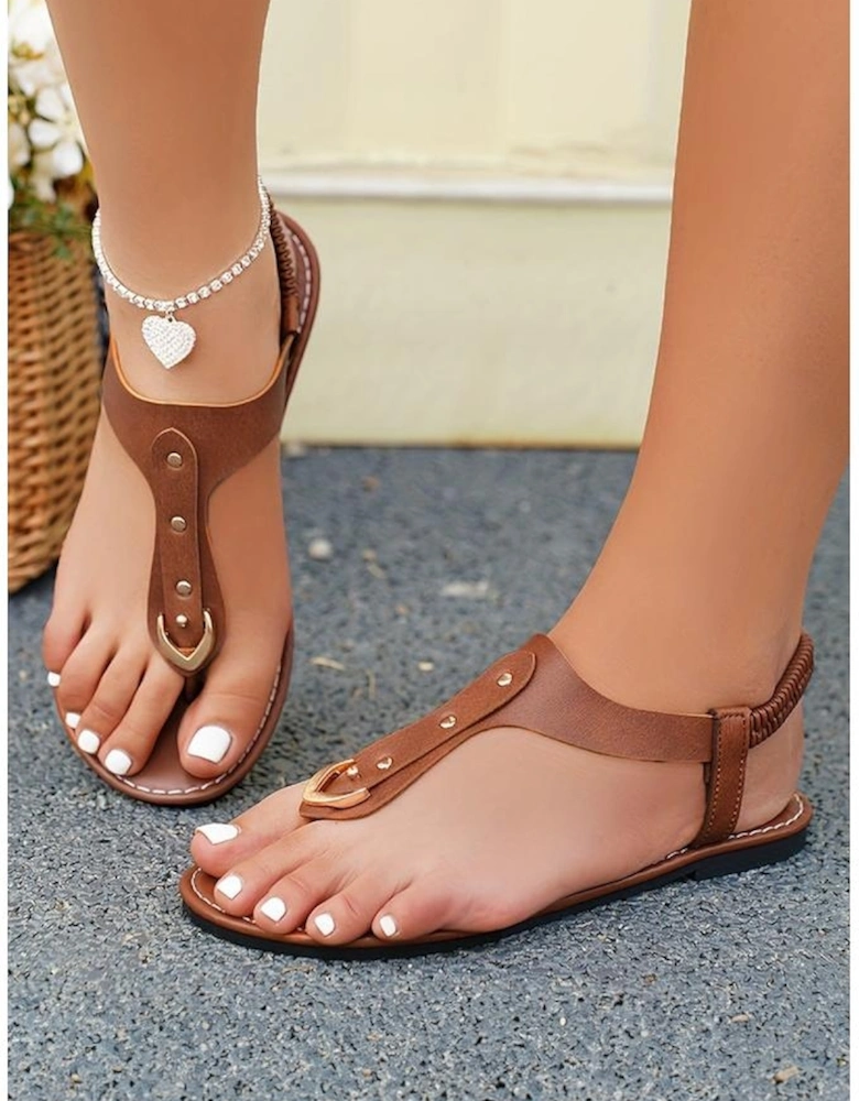 Chestnut Faux Leather Hollow Out Clip Toe Flat Sandals