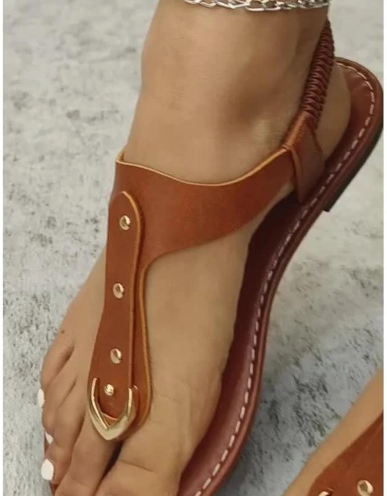 Chestnut Faux Leather Hollow Out Clip Toe Flat Sandals