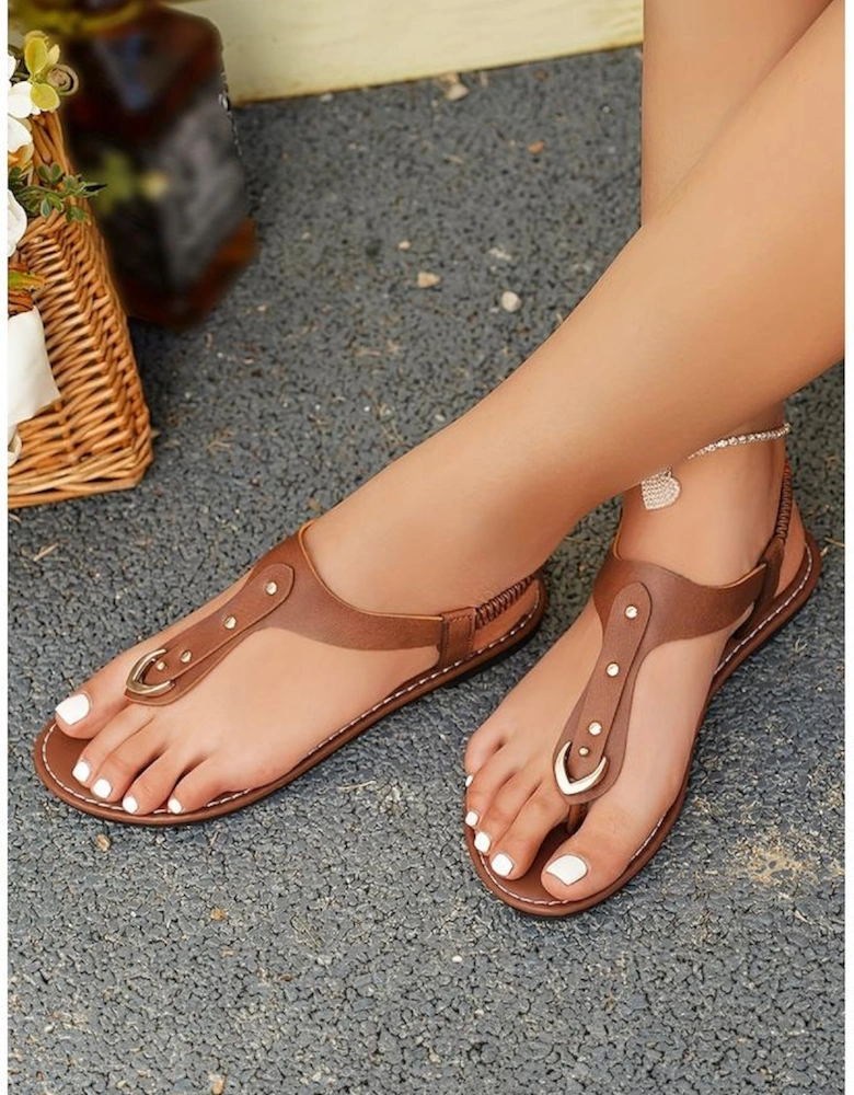 Chestnut Faux Leather Hollow Out Clip Toe Flat Sandals