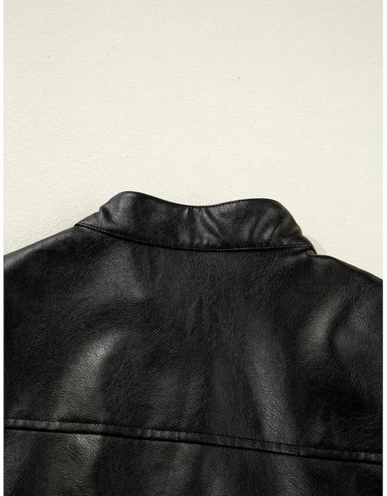 Black Faux Leather Buttoned Front Boxy Jacket