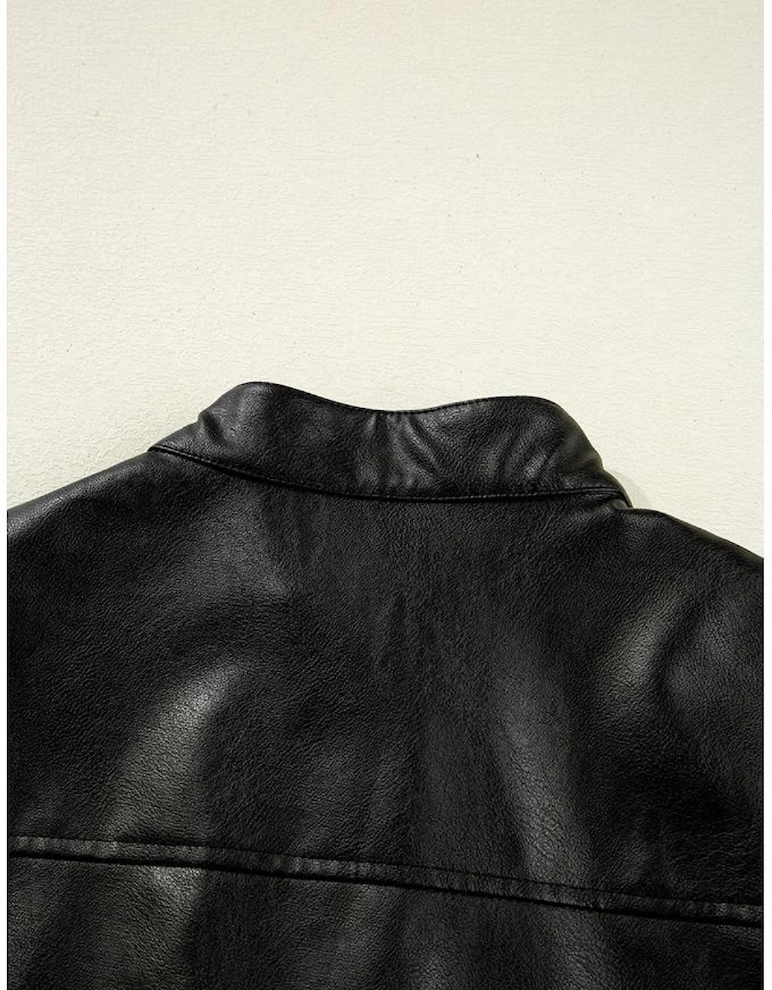 Black Faux Leather Buttoned Front Boxy Jacket