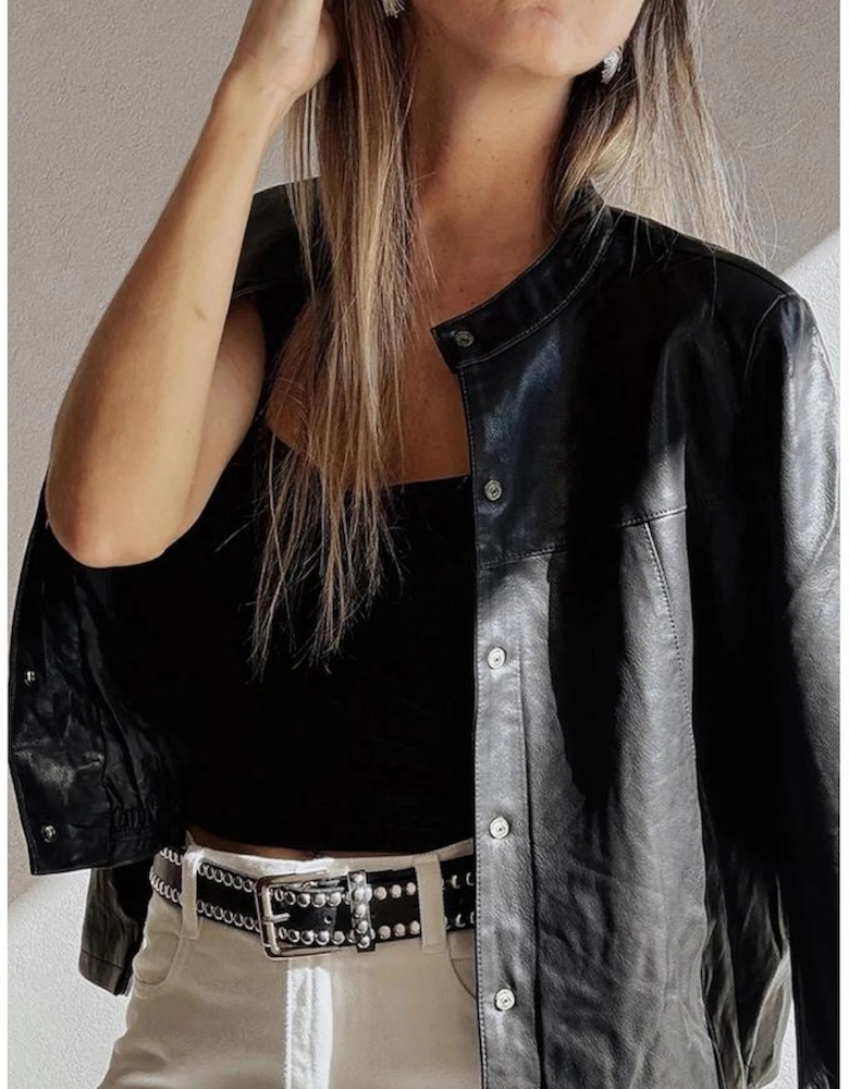 Black Faux Leather Buttoned Front Boxy Jacket
