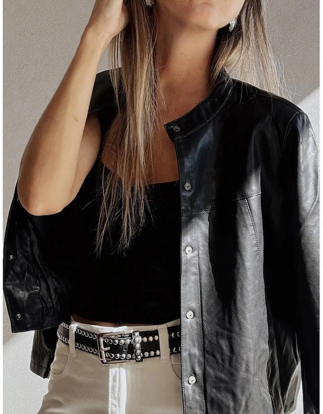 Black Faux Leather Buttoned Front Boxy Jacket, 15 of 14