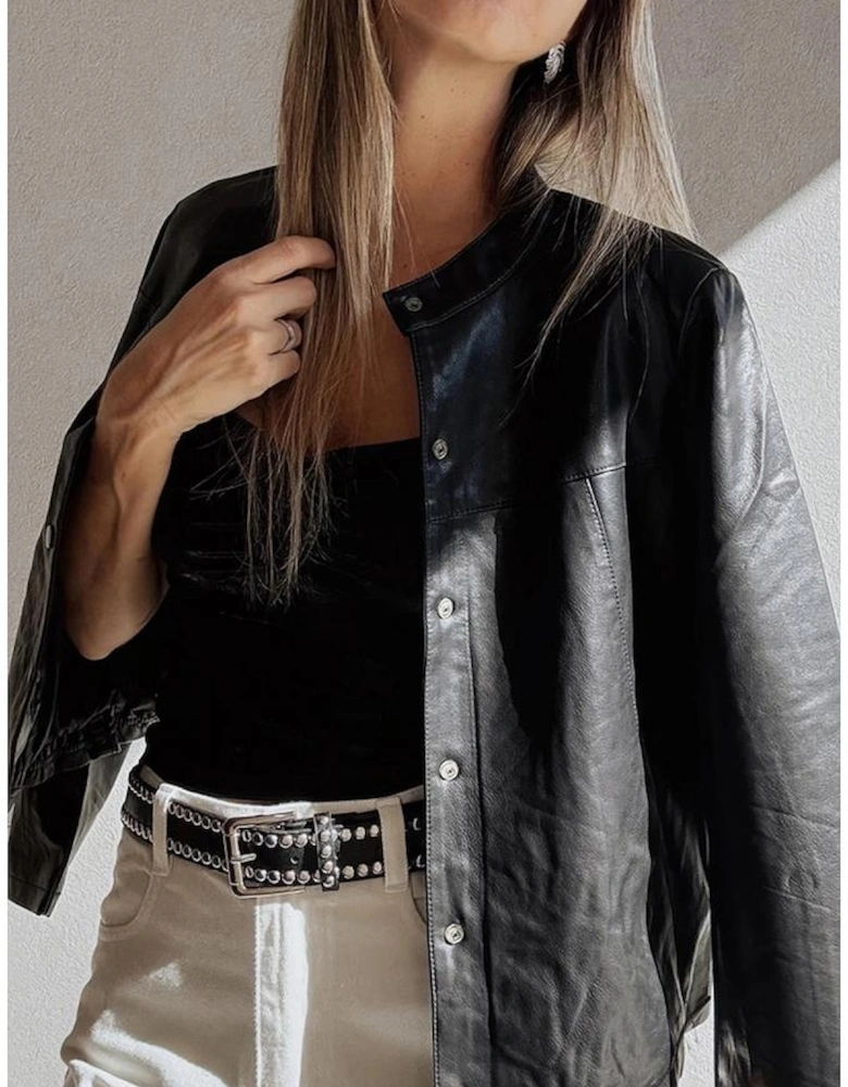 Black Faux Leather Buttoned Front Boxy Jacket
