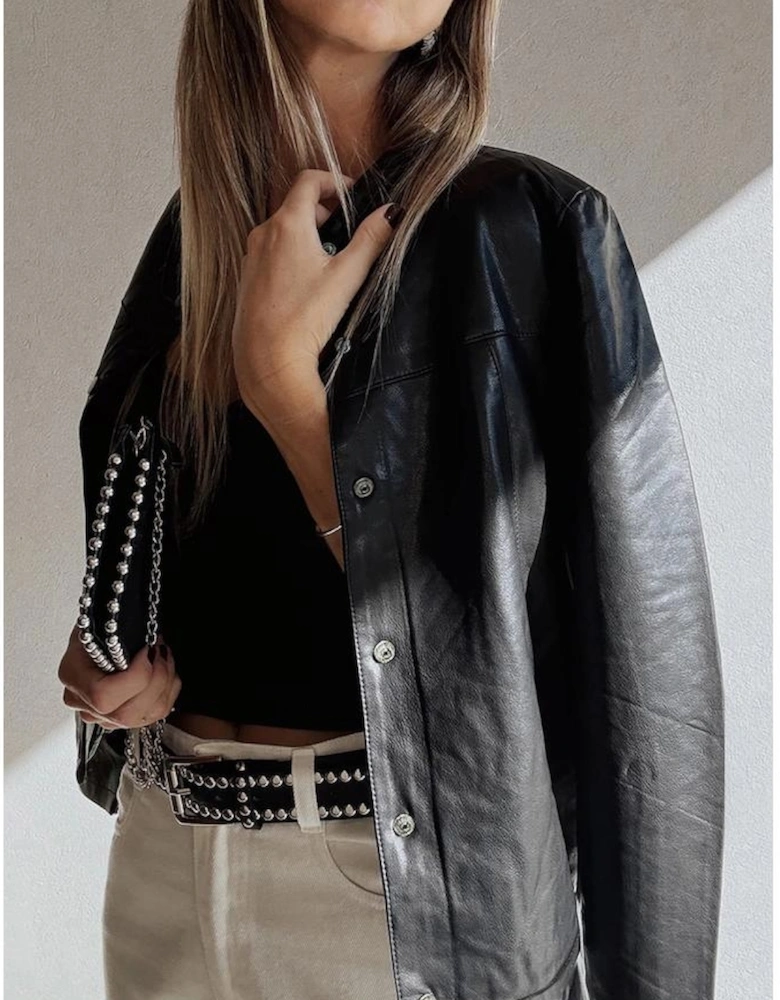 Black Faux Leather Buttoned Front Boxy Jacket