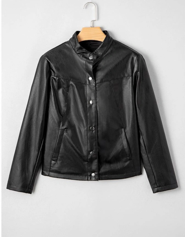 Black Faux Leather Buttoned Front Boxy Jacket