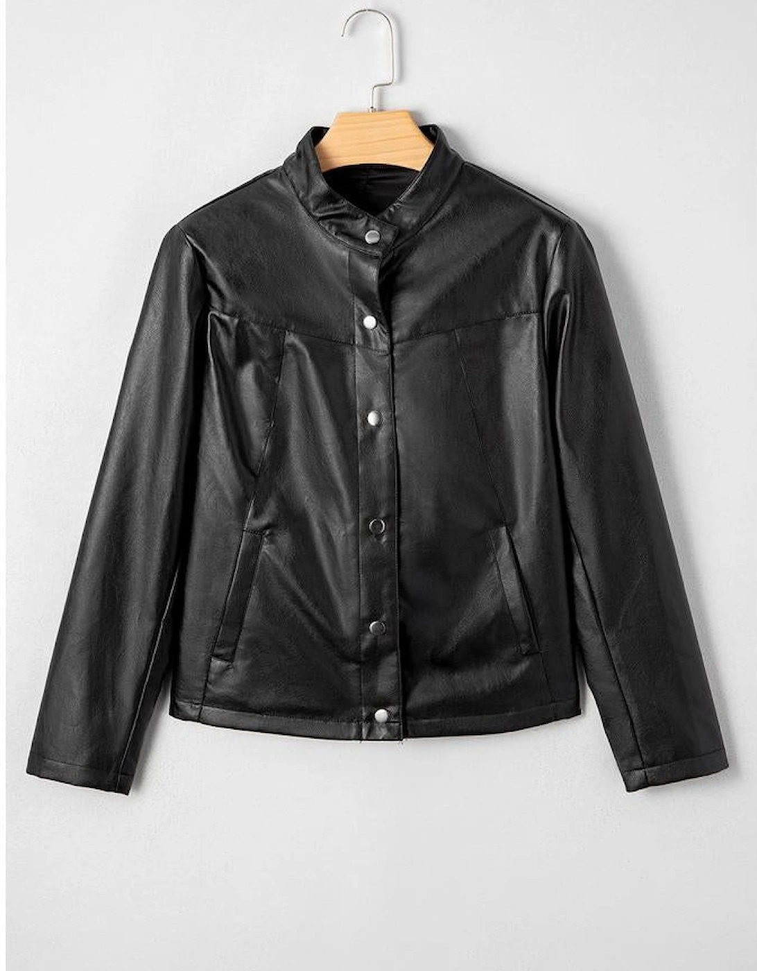 Black Faux Leather Buttoned Front Boxy Jacket