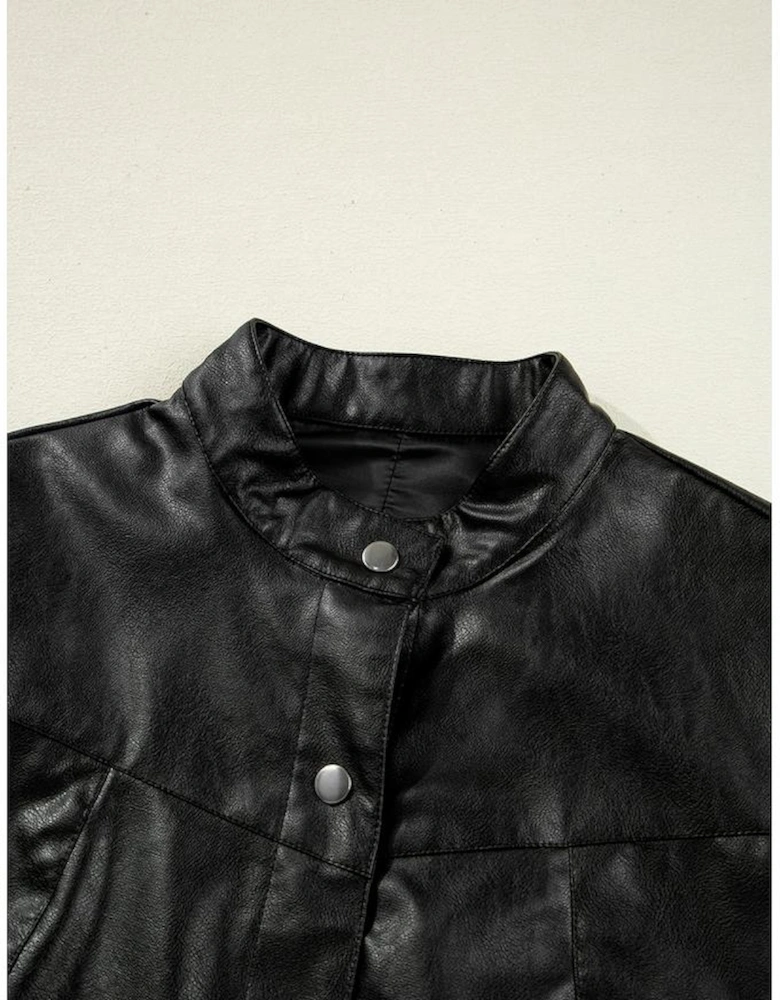 Black Faux Leather Buttoned Front Boxy Jacket