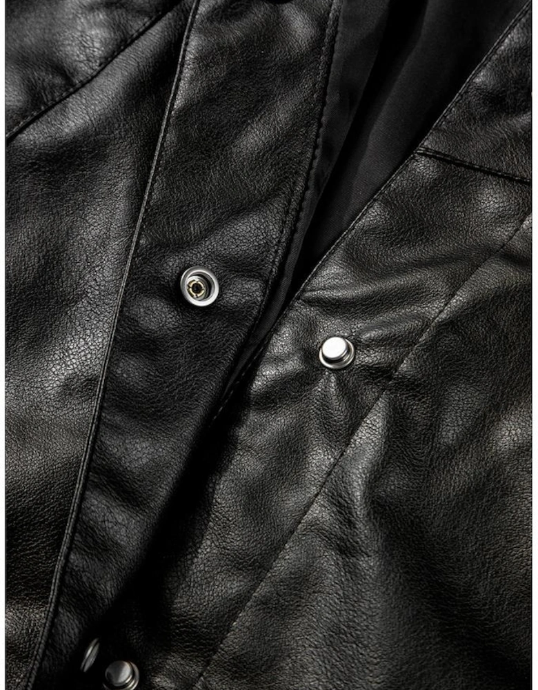 Black Faux Leather Buttoned Front Boxy Jacket