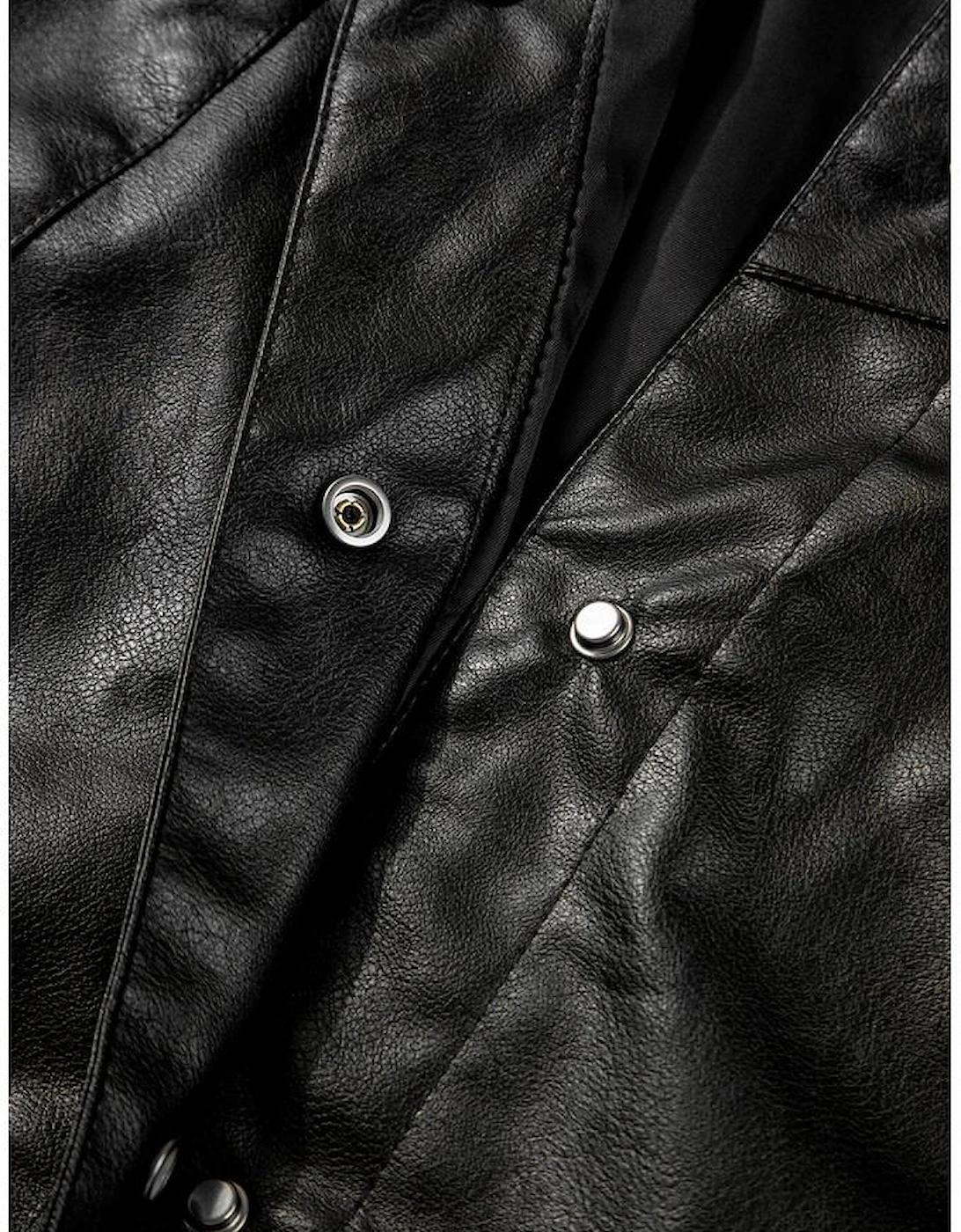 Black Faux Leather Buttoned Front Boxy Jacket