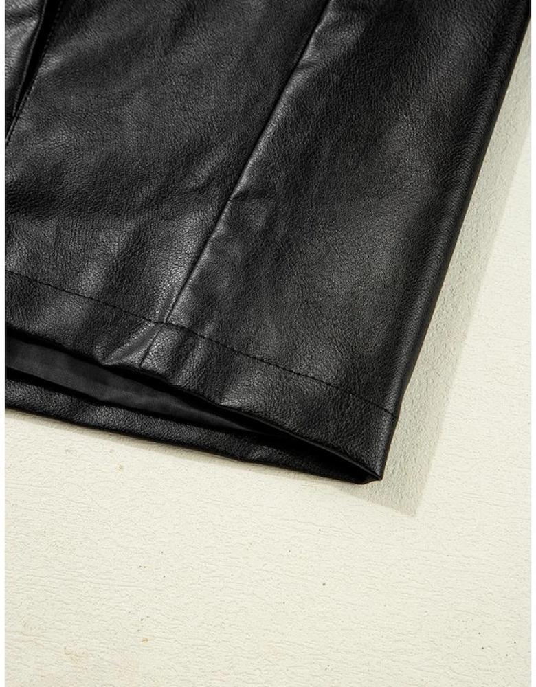 Black Faux Leather Buttoned Front Boxy Jacket