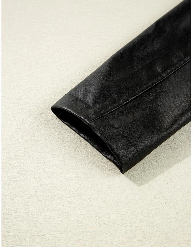 Black Faux Leather Buttoned Front Boxy Jacket