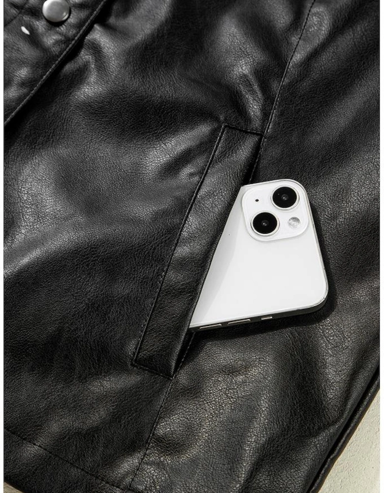 Black Faux Leather Buttoned Front Boxy Jacket