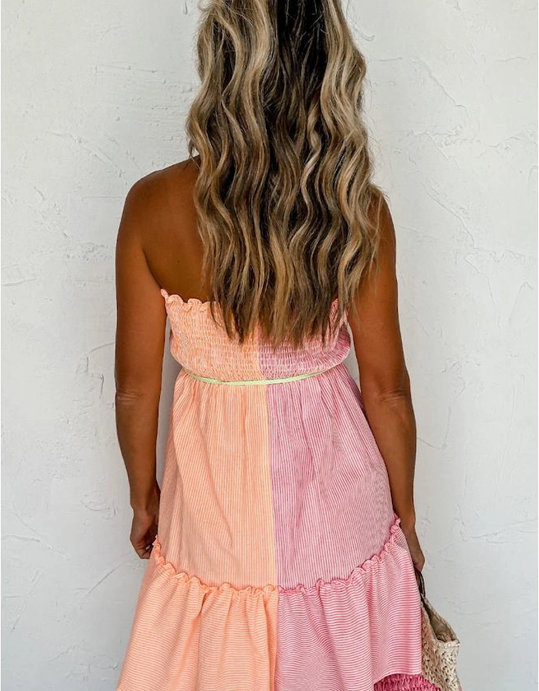 Pink Stripe Color Block Smocked Button Front Frilled Strapless Mini Dress