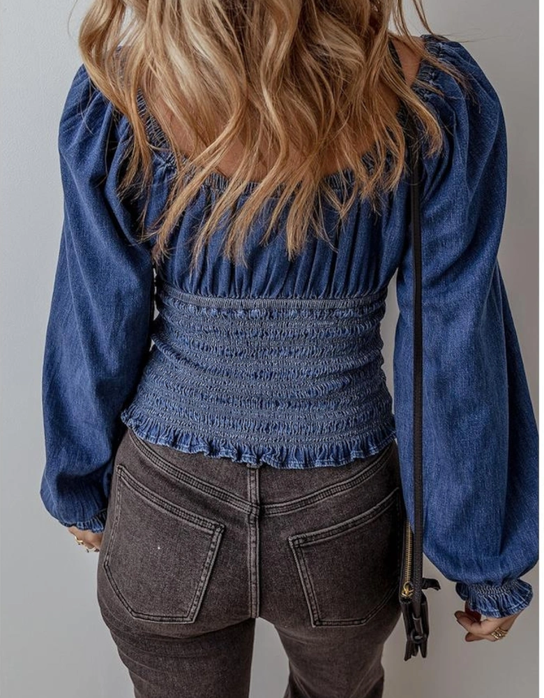Dark Blue Smocked Ruffled Puff Sleeve V Neck Denim Blouse