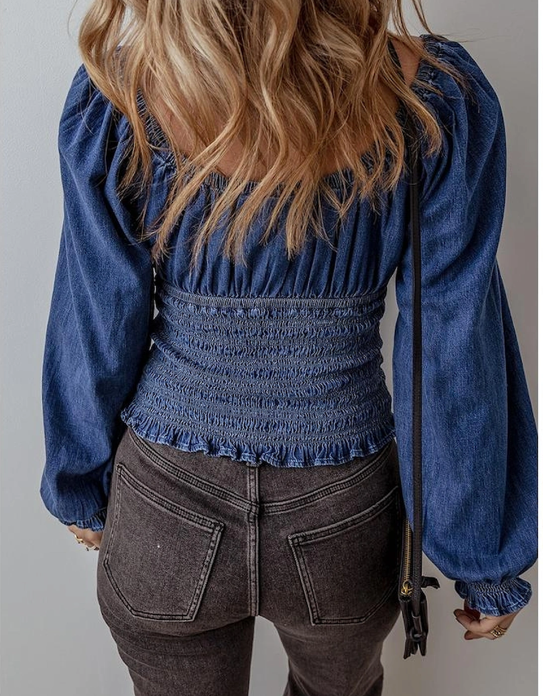 Dark Blue Smocked Ruffled Puff Sleeve V Neck Denim Blouse