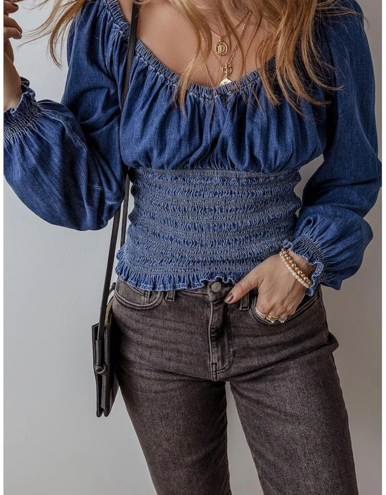 Dark Blue Smocked Ruffled Puff Sleeve V Neck Denim Blouse