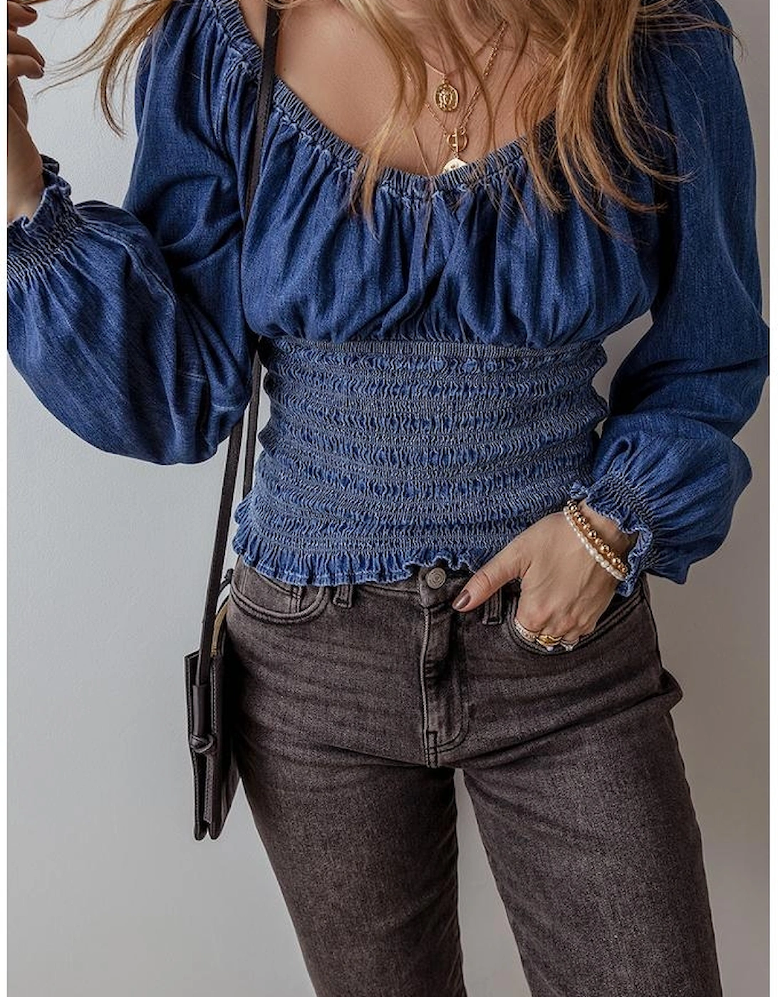 Dark Blue Smocked Ruffled Puff Sleeve V Neck Denim Blouse