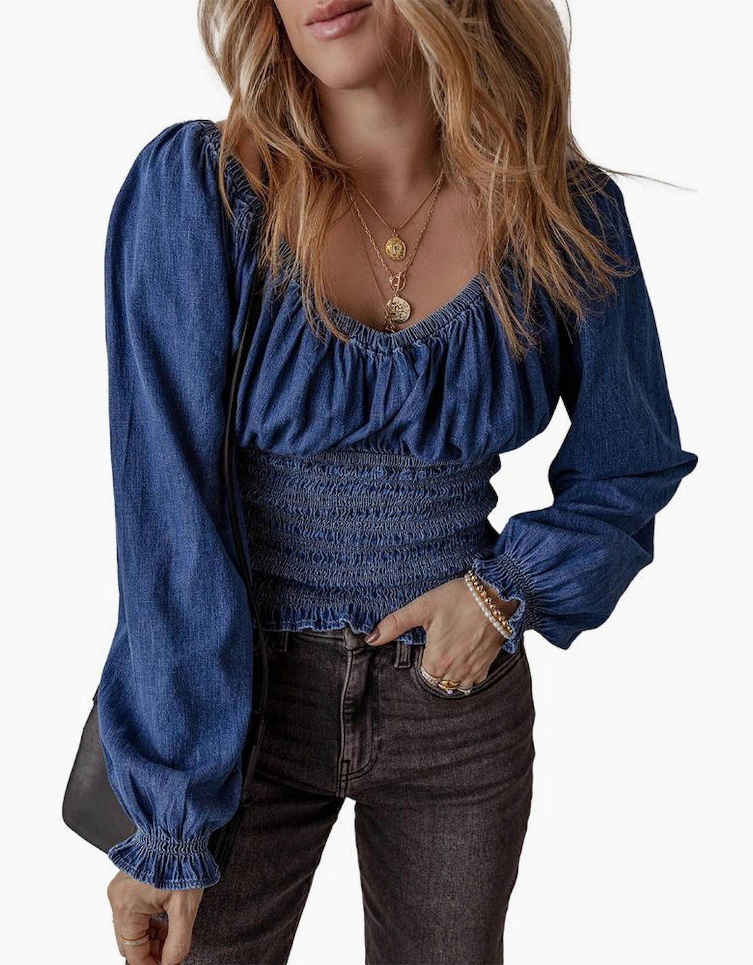 Dark Blue Smocked Ruffled Puff Sleeve V Neck Denim Blouse, 9 of 8